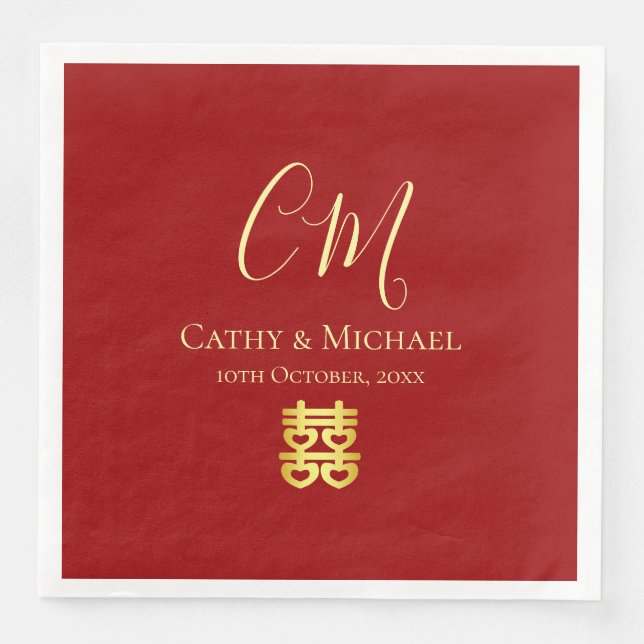 Serviette En Papier Initiales de couple mariage chinois moderne rouge (Devant)