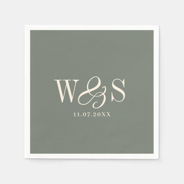 Serviette En Papier Initiales de couples mariés Elegant Sage (Devant)