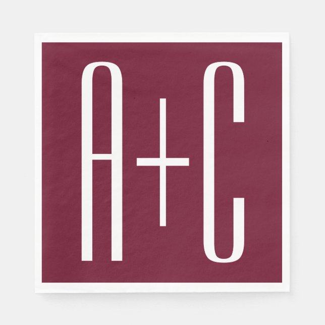 Serviette En Papier Initiales de couples simples | Blanc et bordeaux (Devant)