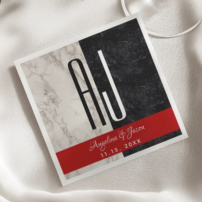 Serviette En Papier Initiales de mariage modernes en marbre noir blanc (Créateur téléchargé)