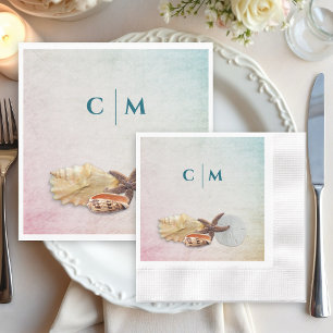 Serviette En Papier Initiales de mariage océanique motif coquillages