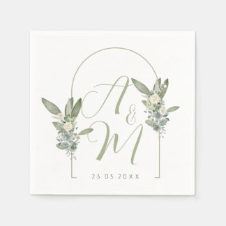 Serviette En Papier Initiales de monogramme de mariage vert sauge Date