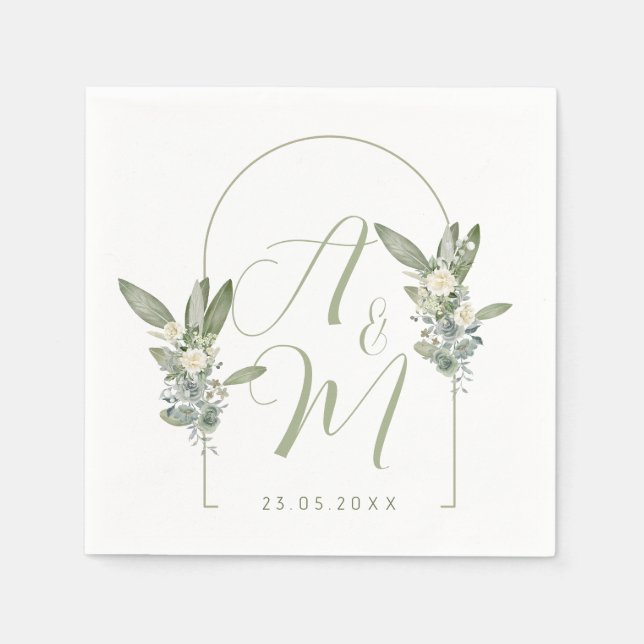 Serviette En Papier Initiales de monogramme de mariage vert sauge Date (Devant)