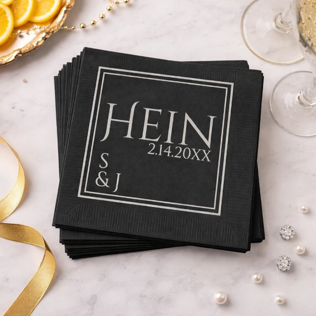 Serviette En Papier Initiales de monogramme noir Date Mariage  (Créateur téléchargé)