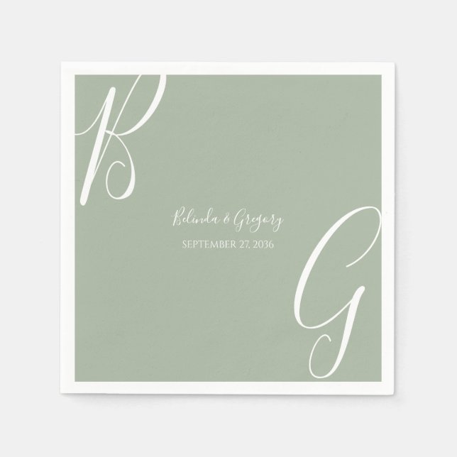 Serviette En Papier Initiales de monogramme vert sauge pour mariage (Devant)