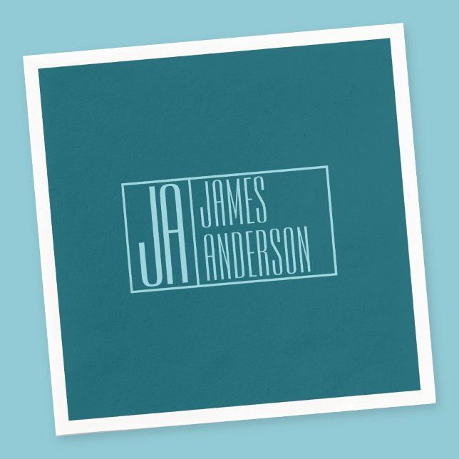 Serviette En Papier Initiales et nom modernes | Turquoise foncé et ble (Créateur téléchargé)