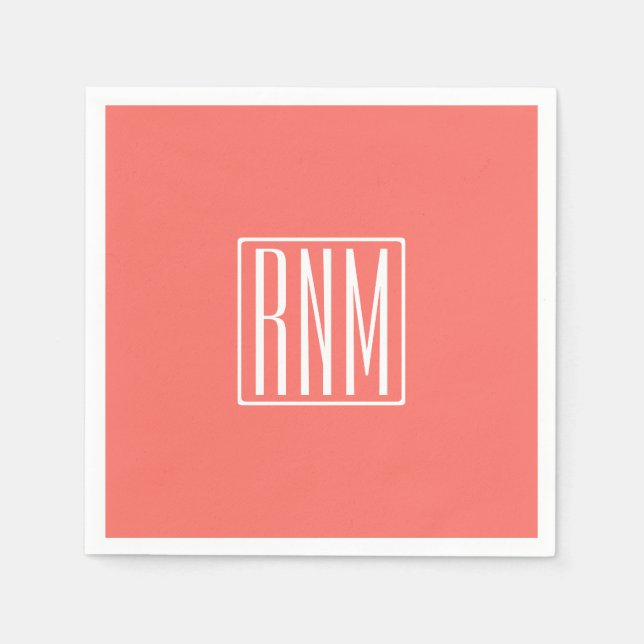 Serviette En Papier Initiales Monogramme | Blanc Sur Corail (Devant)