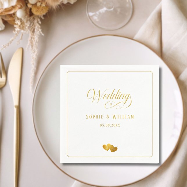 Serviette En Papier Initiales Monogramme Cœurs Dorés Mariage (Monogram Initials Golden Hearts Wedding Napkins)