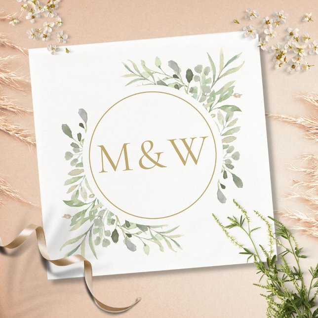 Serviette En Papier Initiales Monogramme Or Vert feuillage aquarelle (Créateur téléchargé)