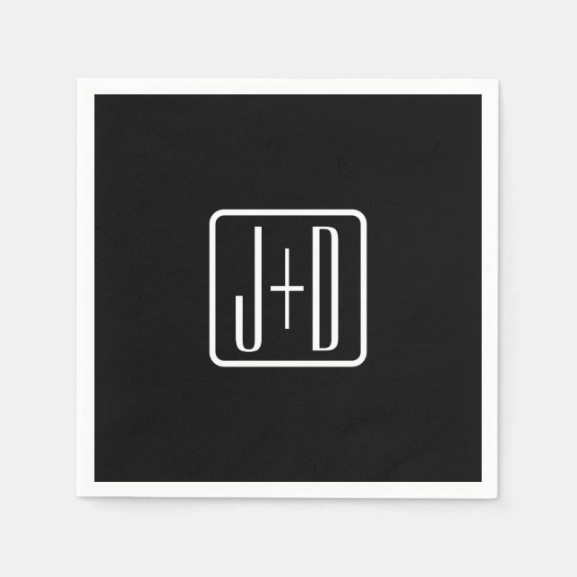 Serviette En Papier Initiales Monogrammées Modernes | Noir & Blanc (Devant)