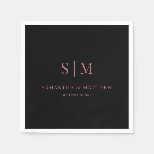 Serviette En Papier Initiales simples Couple Noir et Rose Mariage Or (Devant)