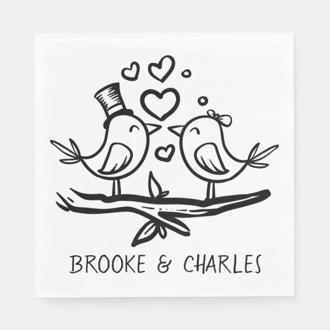 Serviette En Papier Inséparables Black Blanc Mariage Lovebirds (Devant)