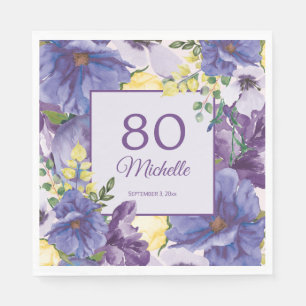 Serviette En Papier Invitation 80 ans Fleurs aquarelle Jaune Violet
