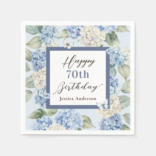 Serviette En Papier Invitation Anniversaire 70 Ans Hydrangea Bleu Aqua (Devant)