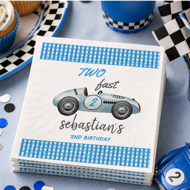 Serviette En Papier Invitation d'anniversaire 2 ans pour deux voitures (Two Fast Blue Race Car 2nd Birthday Invitation Napkins)