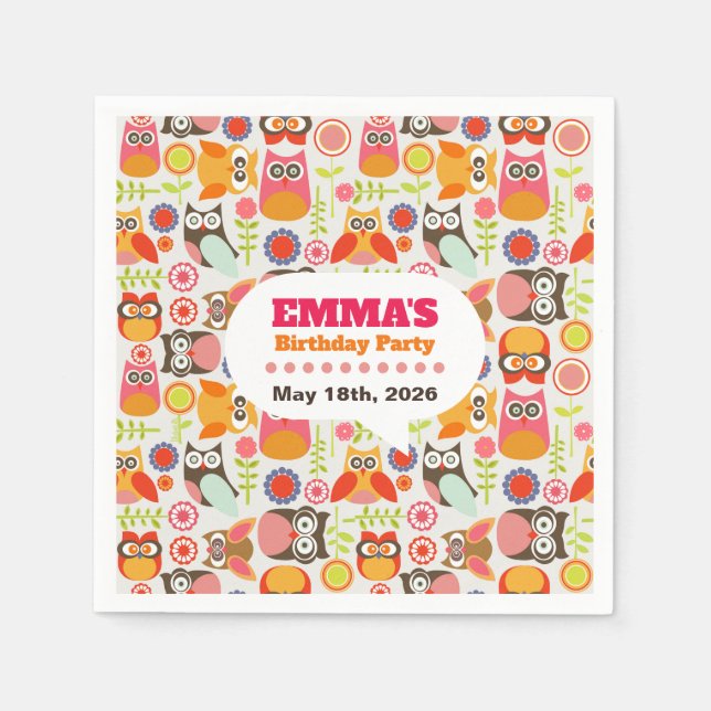 Serviette En Papier Invitation d'anniversaire de chouette mignonne Hoo (Devant)