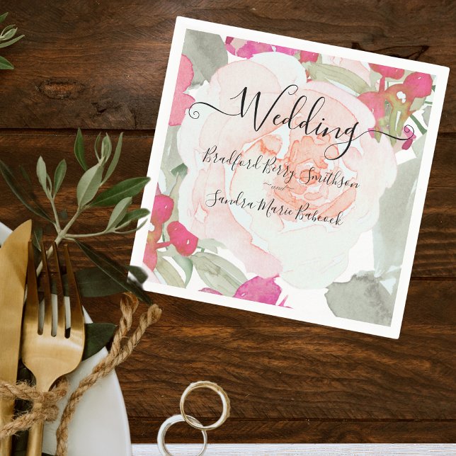 Serviette En Papier Invitation de mariage florale rose fuchsia simple (Créateur téléchargé)