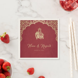 Serviette En Papier Invitation de mariage indien, Rouge, Or, Ganesha