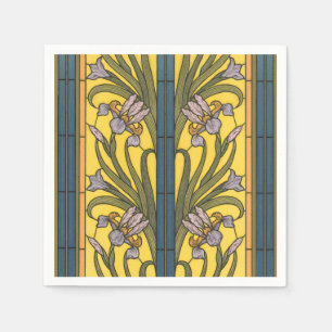Serviette En Papier Iris Fleur Art Nouveau Vitrail Bleu Or