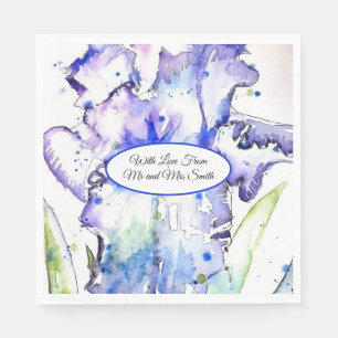Serviette En Papier Iris violets aquarelle mariage bleu