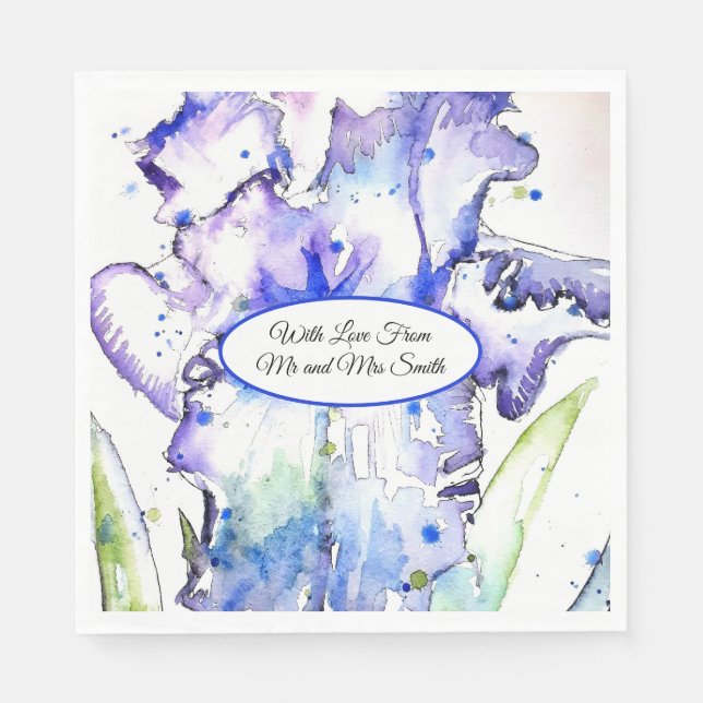 Serviette En Papier Iris violets aquarelle mariage bleu (Devant)