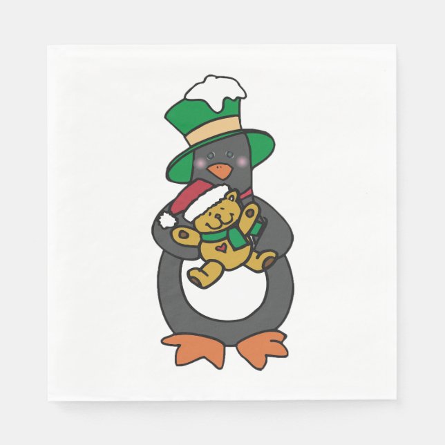 Serviette En Papier Irish Penguin Holding Christmas Teddy Bear (Devant)