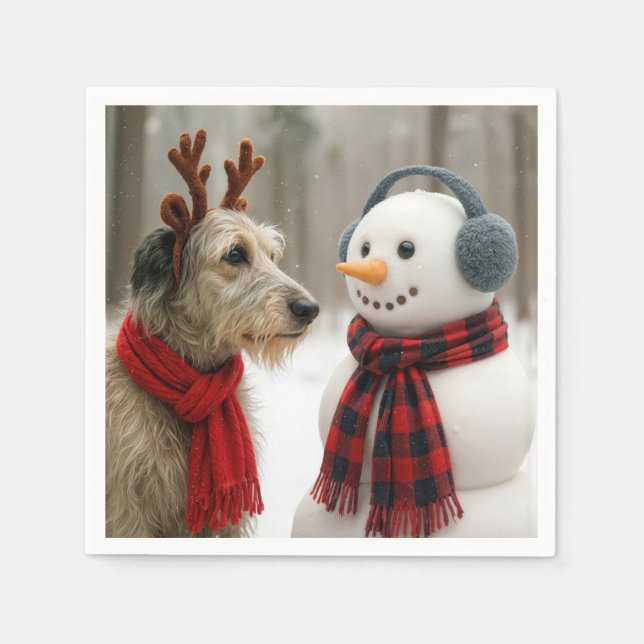 Serviette En Papier Irish Wolfhound Gazing at a Cute Snowman (Devant)