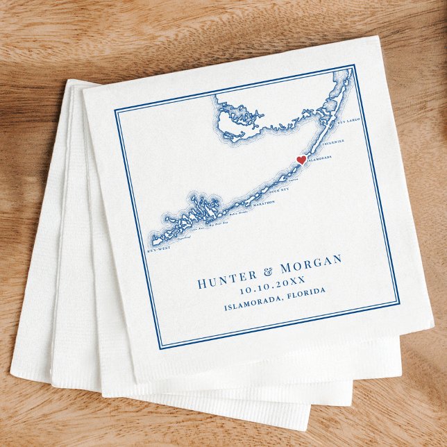 Serviette En Papier Islamorada FL Map Élégant Mariage bleu marine (Islamorada Florida Keys Wedding Cocktail Napkins in Elegant Navy Blue from Coastal Map Designs)