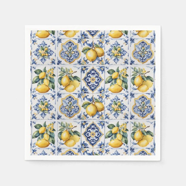 Serviette En Papier Italien Amalfi bleu carreaux blancs citrons (Devant)