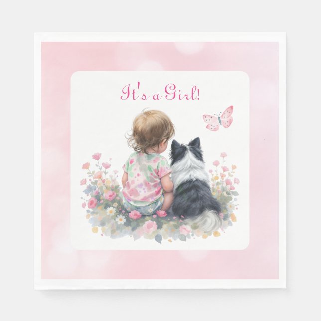 Serviette En Papier It's a Girl | Pink Baby and Puppy Baby Shower (Devant)