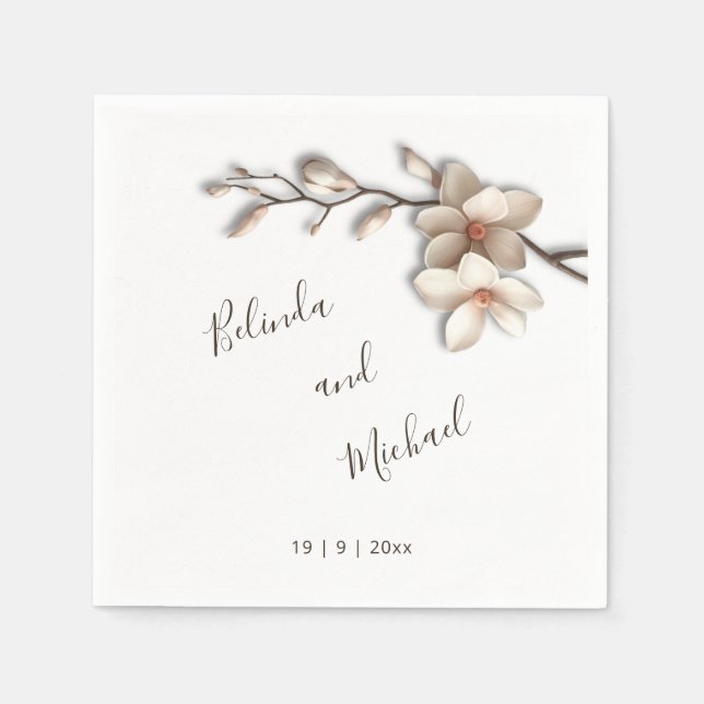 Serviette En Papier Ivory 3D Fleurs de Magnolia | Mariage (Devant)