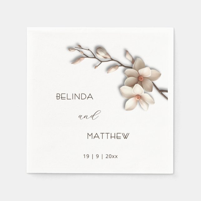 Serviette En Papier Ivory 3D Fleurs de Magnolia | Mariage (Devant)