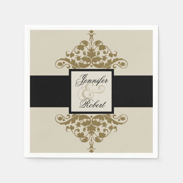 Serviette En Papier Ivory Black et Gold Mariage damassé Napkin (Devant)
