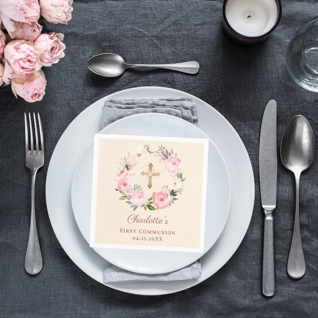 Serviette En Papier Ivory blush pink floral wreath First Communion (Créateur téléchargé)
