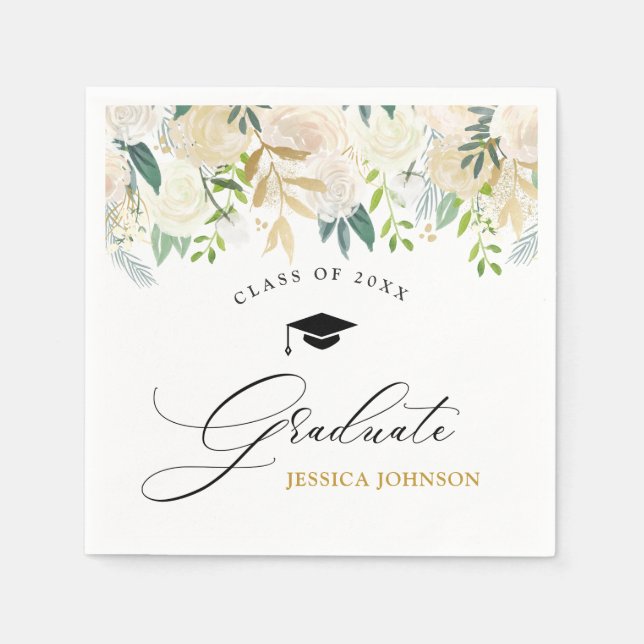 Serviette En Papier Ivory Golden Floral Moderne Style Party de graduat (Devant)