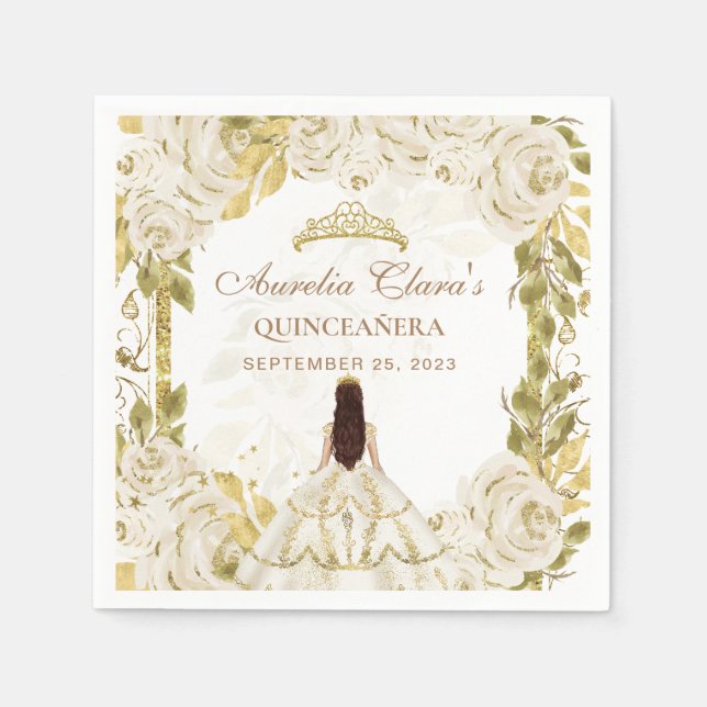 Serviette En Papier Ivy Blanc Floral Princesse Or Arc Quinceanera (Devant)