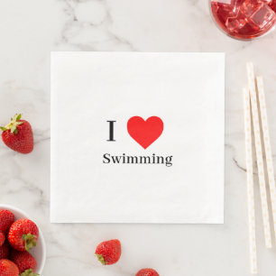 Serviette En Papier J'aime Natation Typographie & Coeur Rouge Blanc