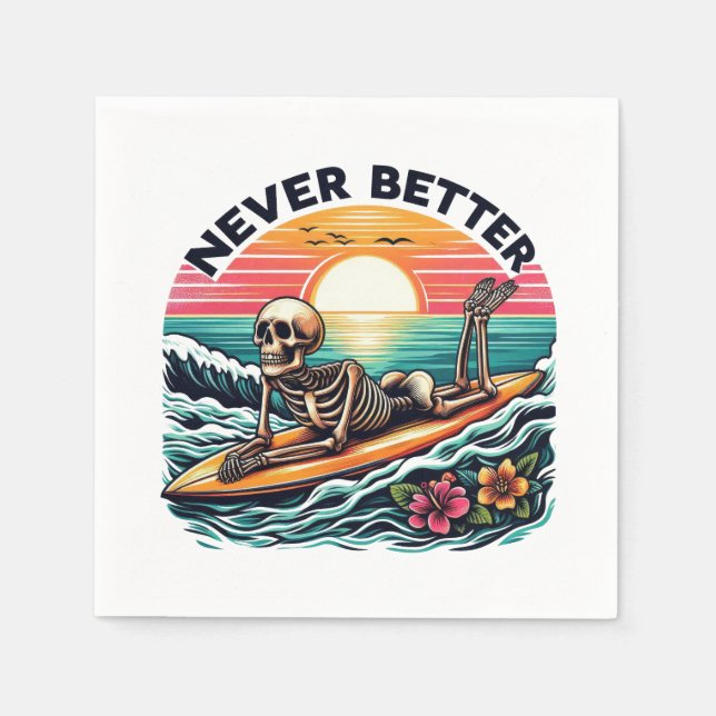 Serviette En Papier Jamais mieux - Skeleton Surfing Sunset Wave Design (Devant)
