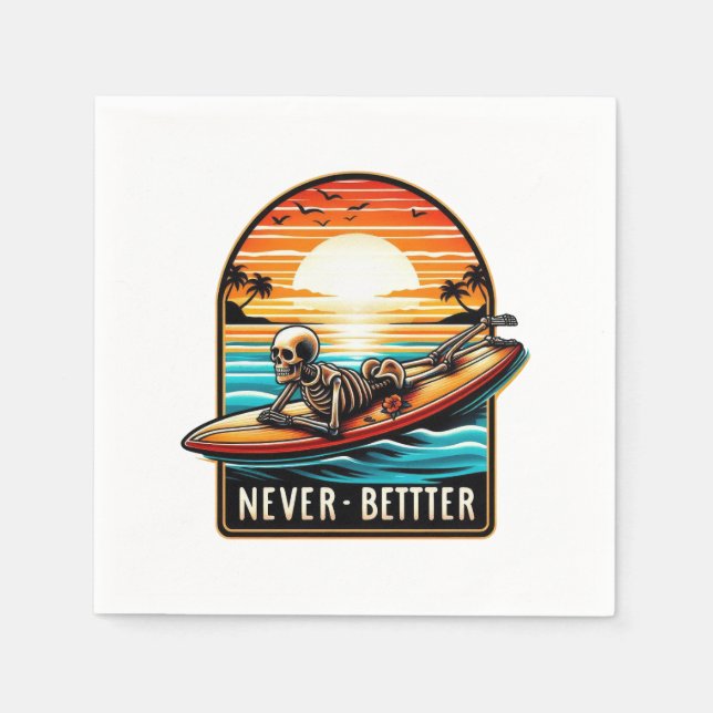 Serviette En Papier Jamais mieux - Squelette Surf Sunset Wave (Devant)