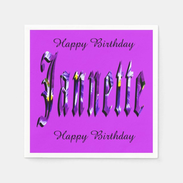 Serviette En Papier Janette, Nom, Logo, Papier Violet Anniversaire (Devant)