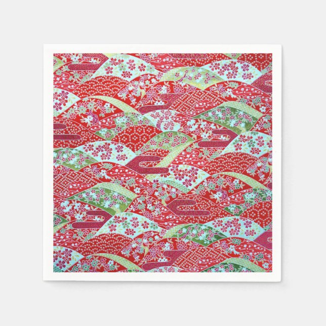 Serviette En Papier Japonais Washi Rouge Floral Origami Yuzen Napkins (Devant)