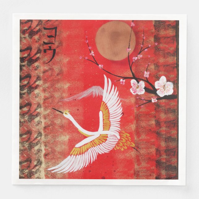 Serviette En Papier Japonaise grue soleil Japon sakura rouge peinture (Devant)