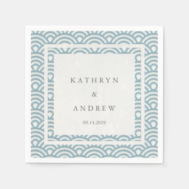 Serviette En Papier Japonaise Seigaiha Vagues Élégante Bleu clair + Bl (Devant)