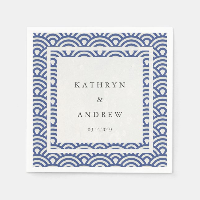 Serviette En Papier Japonaise Seigaiha Vagues Élégante Bleu foncé + Bl (Devant)