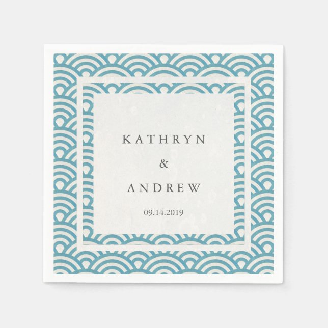 Serviette En Papier Japonaise Seigaiha Vagues Élégante Bleu Vert (Devant)