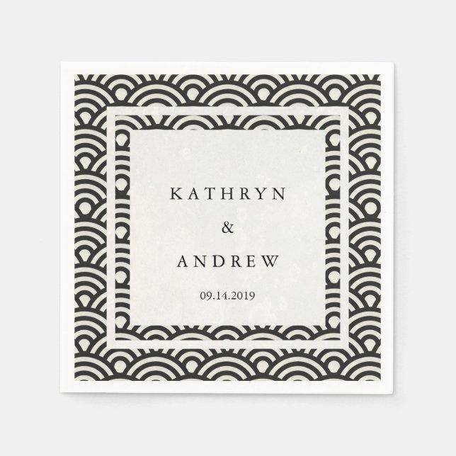 Serviette En Papier Japonaise Seigaiha Vagues Élégante Noir + Blanc (Devant)