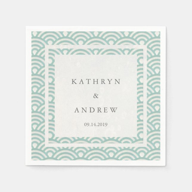 Serviette En Papier Japonaise Seigaiha Vagues Élégante Vert Doux + Bla (Devant)