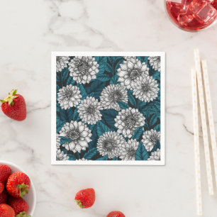 Serviette En Papier Jardin blanc Dahlia / feuilles bleus