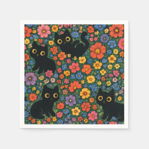 Serviette En Papier Jardin d'art Kawaii Motif floral de chat noir mi