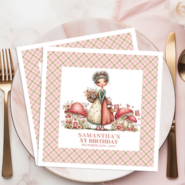 Serviette En Papier Jardin de Fées Mignon Anniversaire Fête Florale Ro (Cute Fairy Garden Birthday Pink Floral Party Napkins)